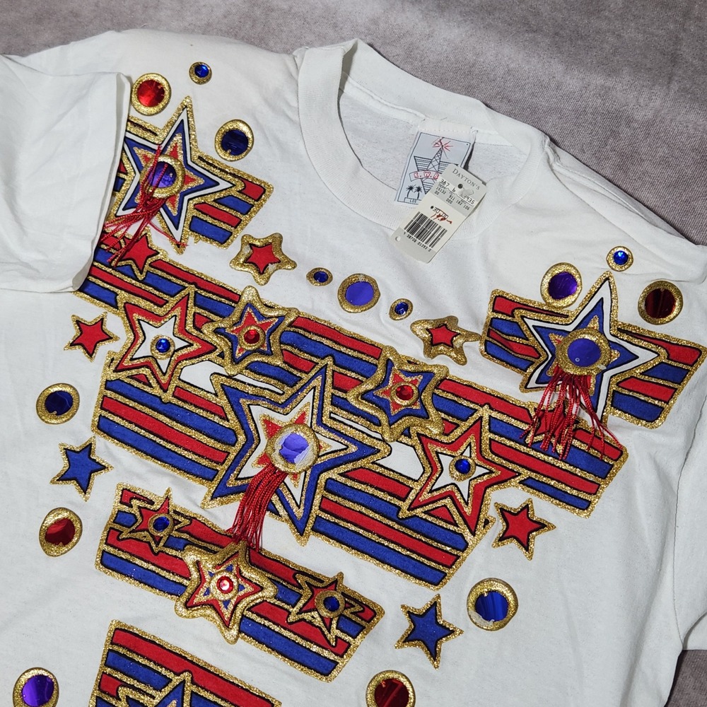 Vintage 1991 KWBL Hand Painted Star T-Shirt White Patriotic 90s Made in USA OS